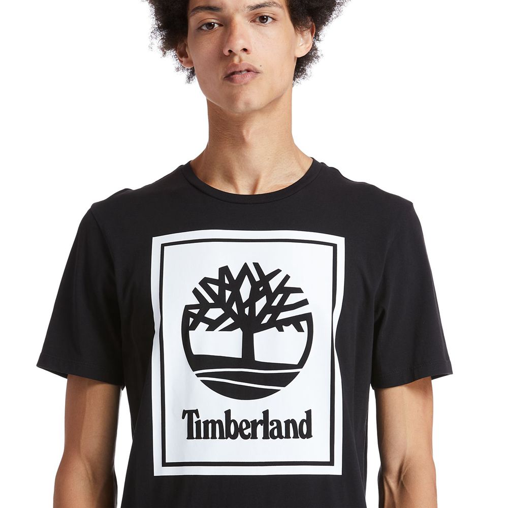 Camisetas Timberland Hombre Short-Sleeve Logo Negras/Blancas - Chile GTI-368470